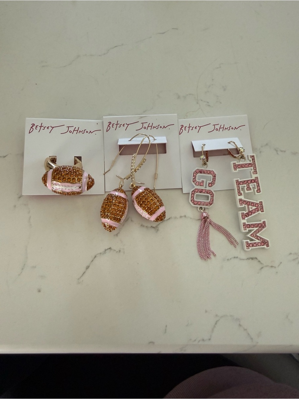 Betsey Johnson Pink & Gold FOOTBALL earrings (2) & adjustable ring set